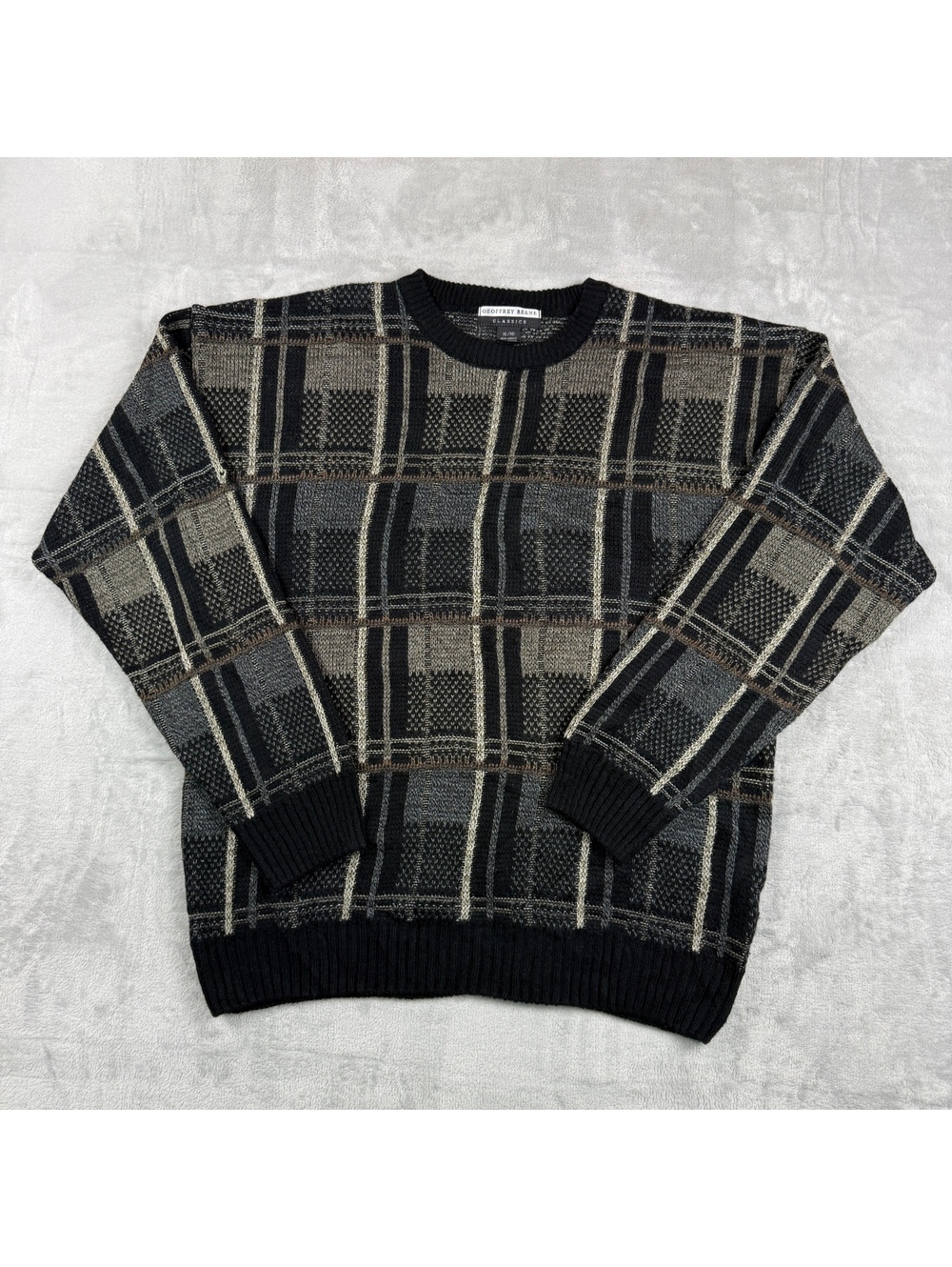VTG Geoffrey Beene Classics Men XL Gray Black Plaid Acrylic Sweater Grandpa 90s